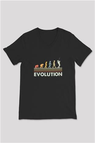 Balıkçı Evrimi Baskılı Unisex V Yaka Siyah Tİşört - Tshirt