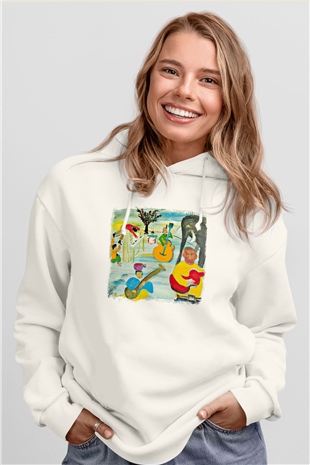 Band Baskılı Unisex Beyaz Hoodie