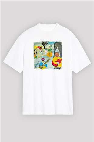 Band Baskılı Unisex Beyaz Oversize Tişört