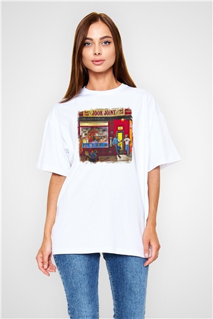 Band Baskılı Unisex Beyaz Oversize Tişört