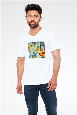 Band Baskılı Unisex Beyaz V Yaka Tişört