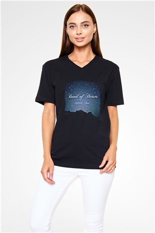 Band of Horses Baskılı Unisex Siyah V Yaka Tişört