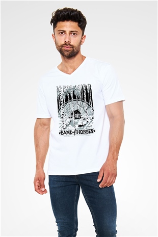 Band of Horses Beyaz Unisex V Yaka Tişört T-Shirt