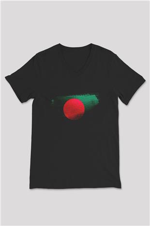 Bangladeş - Bangladesh Bayrağı Baskılı Unisex Siyah V Yaka Tişört