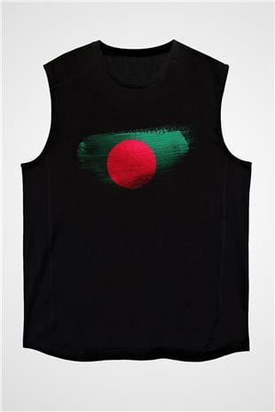 Bangladeş - Bangladesh Bayrağı Baskılı Unisex Siyah Kolsuz Tişört