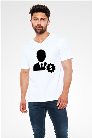 Bankacı Beyaz Unisex V Yaka Tişört