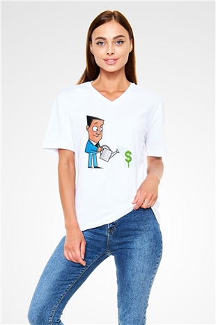 Bankacı Beyaz Unisex V Yaka Tişört