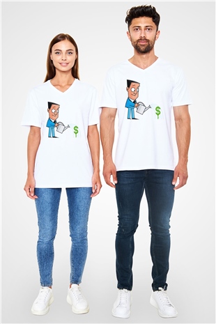 Bankacı Beyaz Unisex V Yaka Tişört