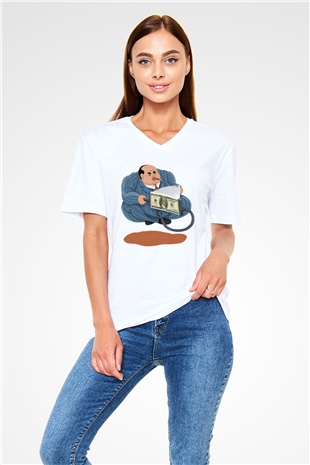 Bankacı Beyaz Unisex V Yaka Tişört