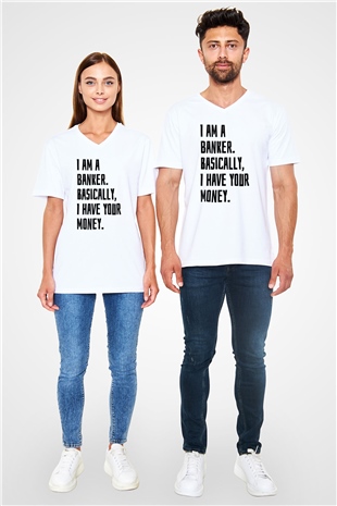 Bankacı Beyaz Unisex V Yaka Tişört