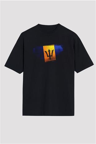 Barbados Bayrağı Baskılı Unisex Siyah Oversize Tişört