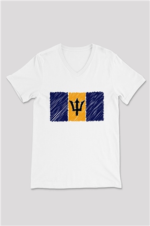 Barbados Beyaz Unisex V Yaka Tişört T-Shirt