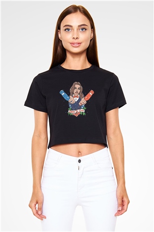 Barmaid Siyah  Crop Top Tişört