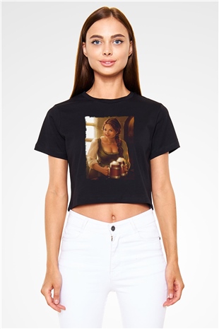 Barmaid Siyah  Crop Top Tişört