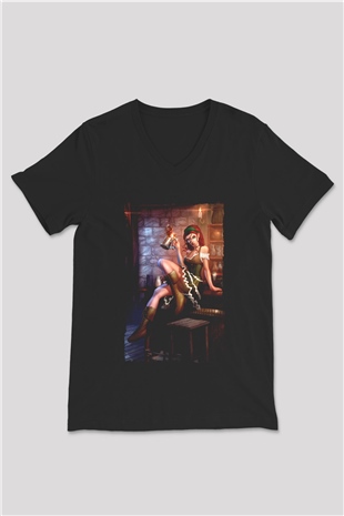 Barmaid Siyah Unisex V Yaka Tişört