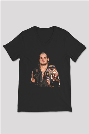 Baron Corbin Baskılı Unisex Siyah V Yaka Tişört - Tshirt