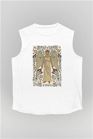 Başak Burcu Baskılı Beyaz Unisex Kolsuz Tişört - Tshirt