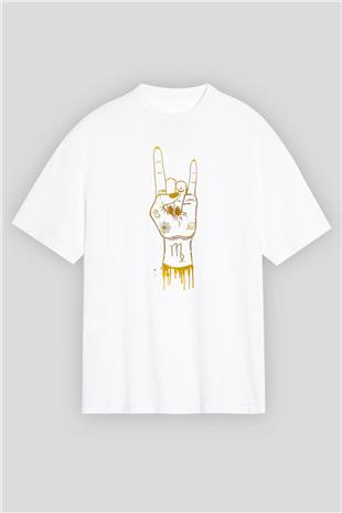 Başak Burcu Baskılı Beyaz Unisex Oversize Tişört - Tshirt