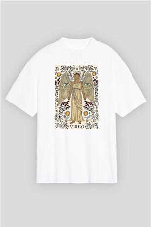 Başak Burcu Baskılı Beyaz Unisex Oversize Tişört - Tshirt