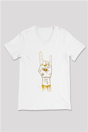 Başak Burcu Baskılı Beyaz Unisex V Yaka Tişört - Tshirt
