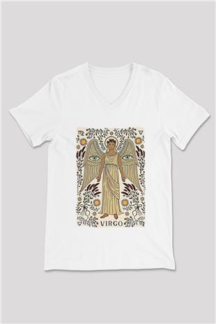 Başak Burcu Baskılı Beyaz Unisex V Yaka Tişört - Tshirt