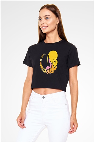 Başak Burcu Baskılı Siyah Crop Top Kadın Tişört - Tshirt