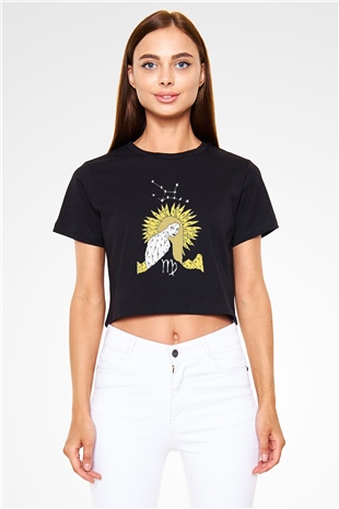 Başak Burcu Baskılı Siyah Crop Top Kadın Tişört - Tshirt