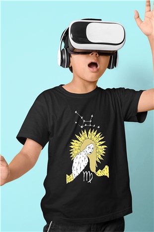 Başak Burcu Baskılı Unisex Siyah Çocuk Tişört - Tshirt