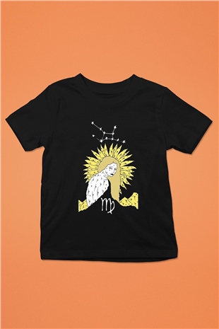 Başak Burcu Baskılı Unisex Siyah Çocuk Tişört - Tshirt