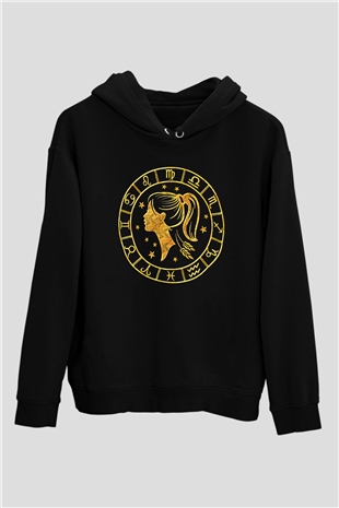 Başak Burcu Baskılı Unisex Siyah Hoodie