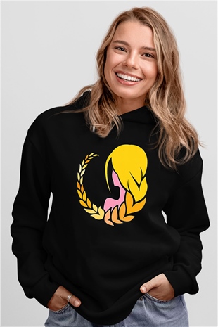 Başak Burcu Baskılı Unisex Siyah Hoodie