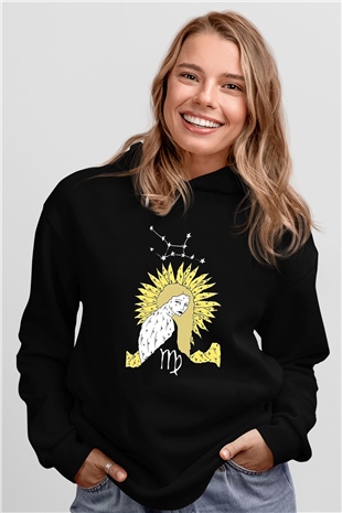 Başak Burcu Baskılı Unisex Siyah Hoodie