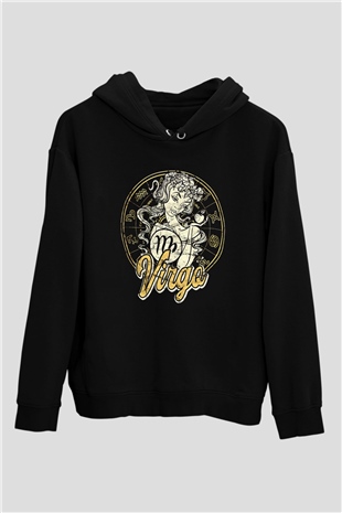 Başak Burcu Baskılı Unisex Siyah Hoodie