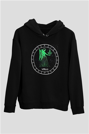 Başak Burcu Baskılı Unisex Siyah Hoodie