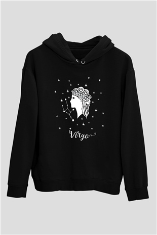 Başak Burcu Baskılı Unisex Siyah Hoodie