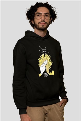 Başak Burcu Baskılı Unisex Siyah Hoodie