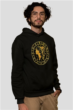 Başak Burcu Baskılı Unisex Siyah Hoodie