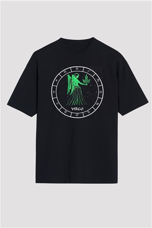 Başak Burcu Baskılı Unisex Siyah Oversize Tişört - Tshirt