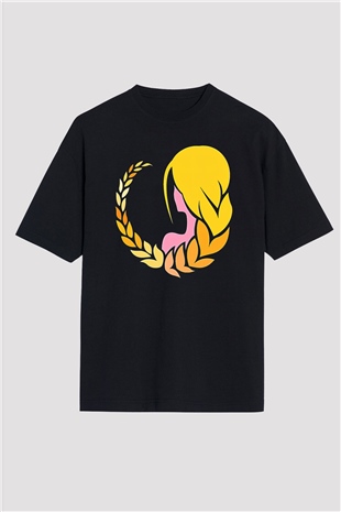 Başak Burcu Baskılı Unisex Siyah Oversize Tişört - Tshirt