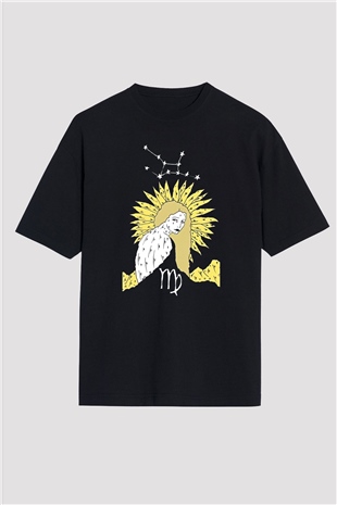 Başak Burcu Baskılı Unisex Siyah Oversize Tişört - Tshirt