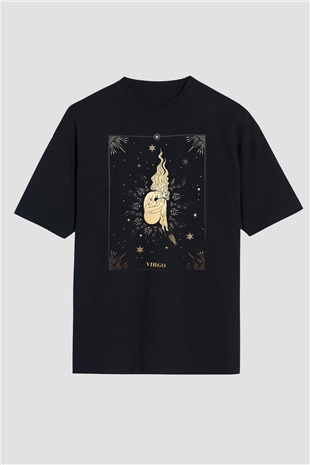 Başak Burcu Baskılı Unisex Siyah Oversize Tişört - Tshirt