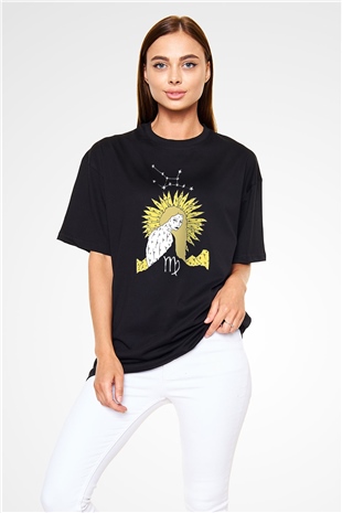 Başak Burcu Baskılı Unisex Siyah Oversize Tişört - Tshirt
