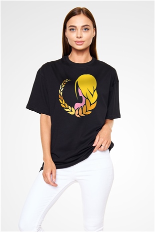Başak Burcu Baskılı Unisex Siyah Oversize Tişört - Tshirt