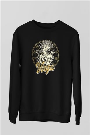 Başak Burcu Baskılı Unisex Siyah Sweatshirt