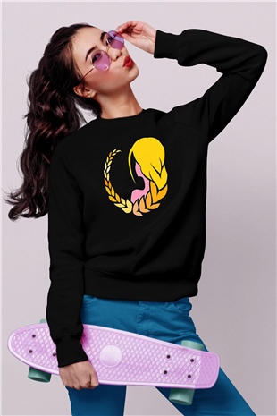 Başak Burcu Baskılı Unisex Siyah Sweatshirt
