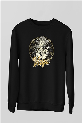 Başak Burcu Baskılı Unisex Siyah Sweatshirt