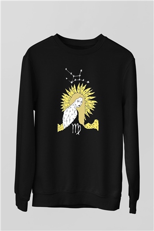 Başak Burcu Baskılı Unisex Siyah Sweatshirt