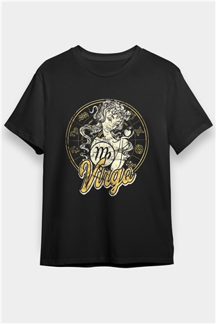 Başak Burcu Baskılı Unisex Siyah Tişört - Tshirt