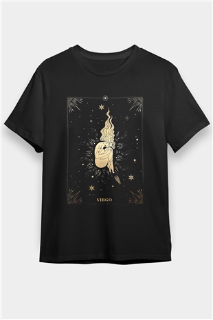 Başak Burcu Baskılı Unisex Siyah Tişört - Tshirt