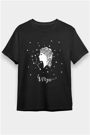 Başak Burcu Baskılı Unisex Siyah Tişört - Tshirt